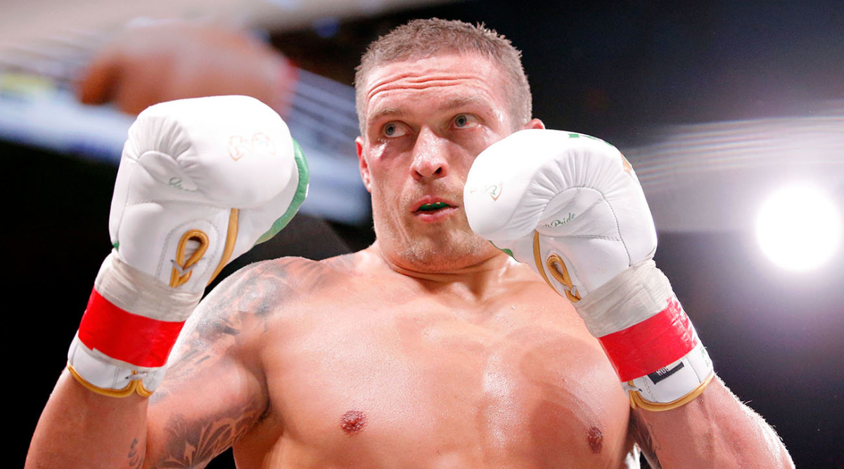 Oleksandr Usyk (white trunks) during his match against Chazz Witherspoon (not pictured) during a heavyweight boxing match at Wintrust Arena.